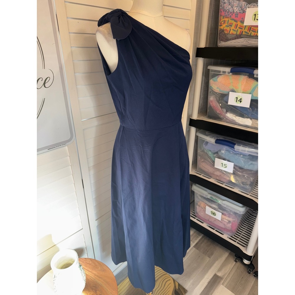 Kate Spade Midi Dress Women Navy Blue One Shoulder Bow Detail Size 8 - Picture 3 of 9
